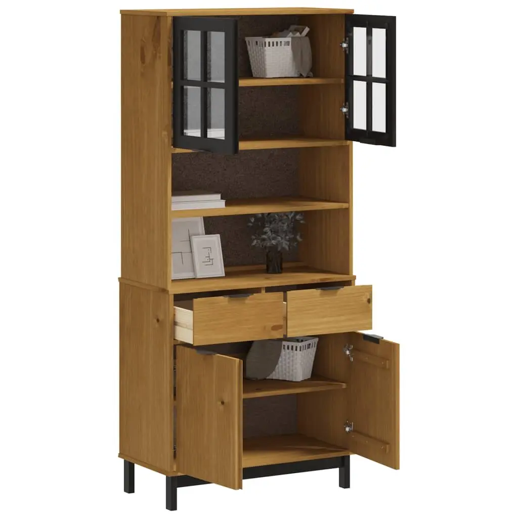 Highboard with Glass Doors Brown Solid Wood Storage Cabinet Shelves Drawers