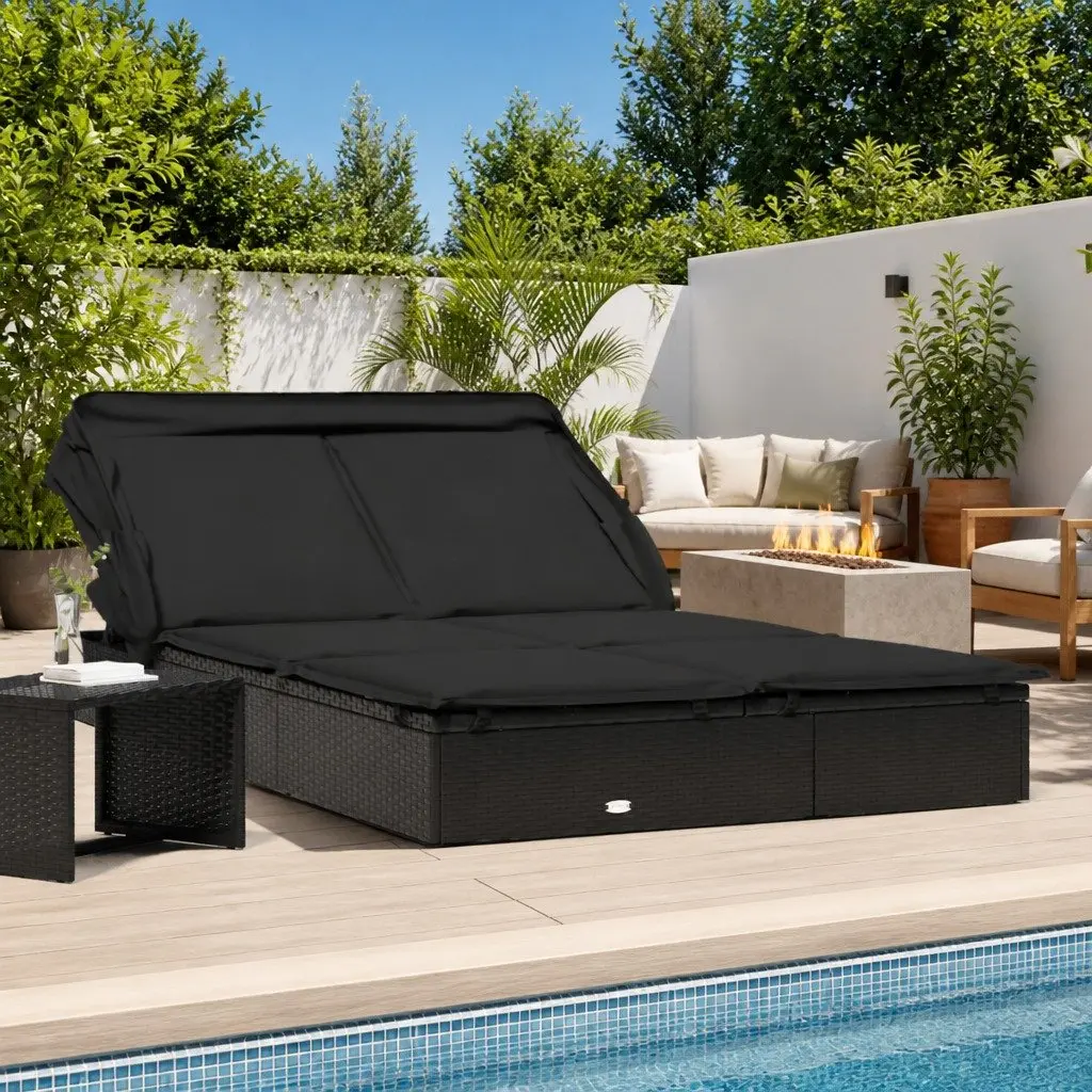 2-Person Sun Lounger Daybed Foldable Canopy Roof Garden Patio Outdoor Seating