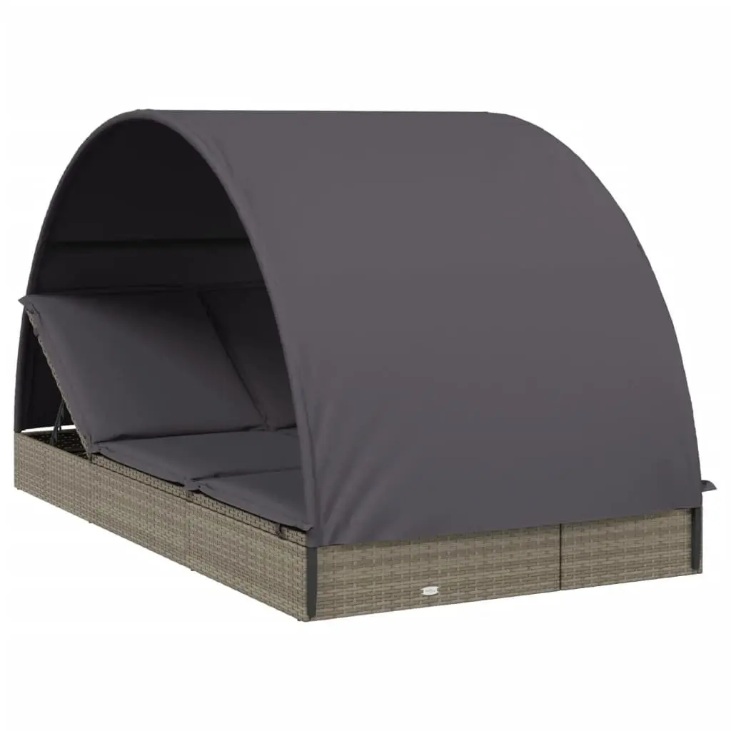 2-Person Sun Lounger Daybed with Round Roof Grey Outdoor Seating Rattan 211 x 112 x 140 cm
