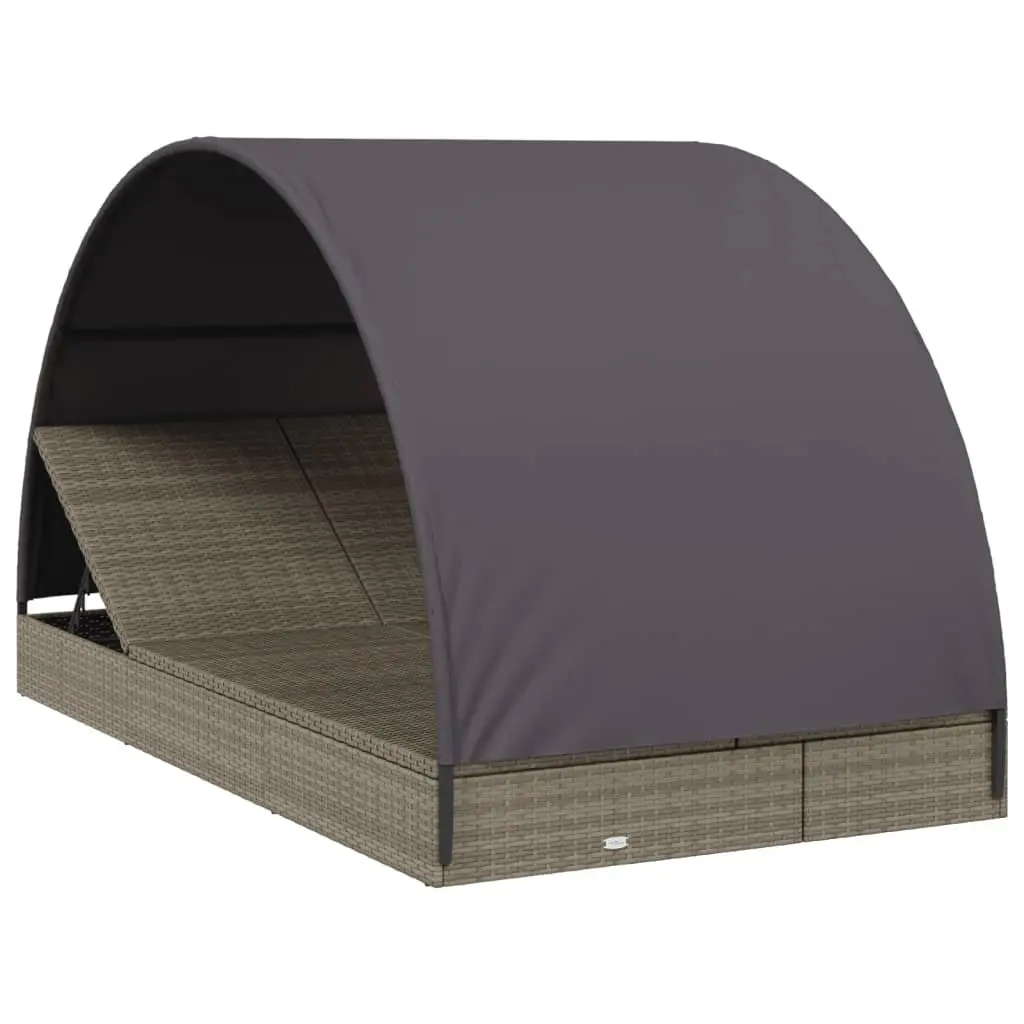 2-Person Sun Lounger Daybed with Round Roof Grey Outdoor Seating Rattan 211 x 112 x 140 cm