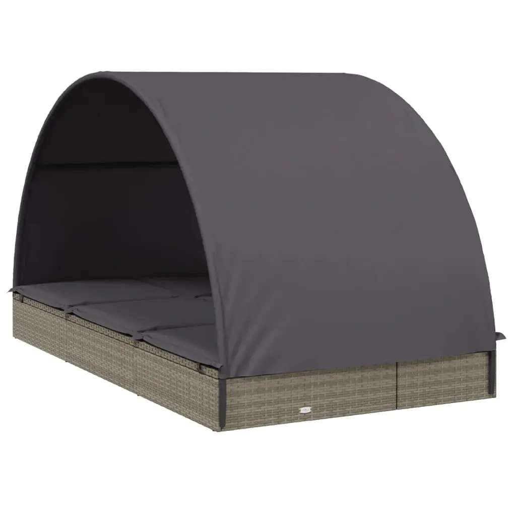 2-Person Sun Lounger Daybed with Round Roof Grey Outdoor Seating Rattan 211 x 112 x 140 cm
