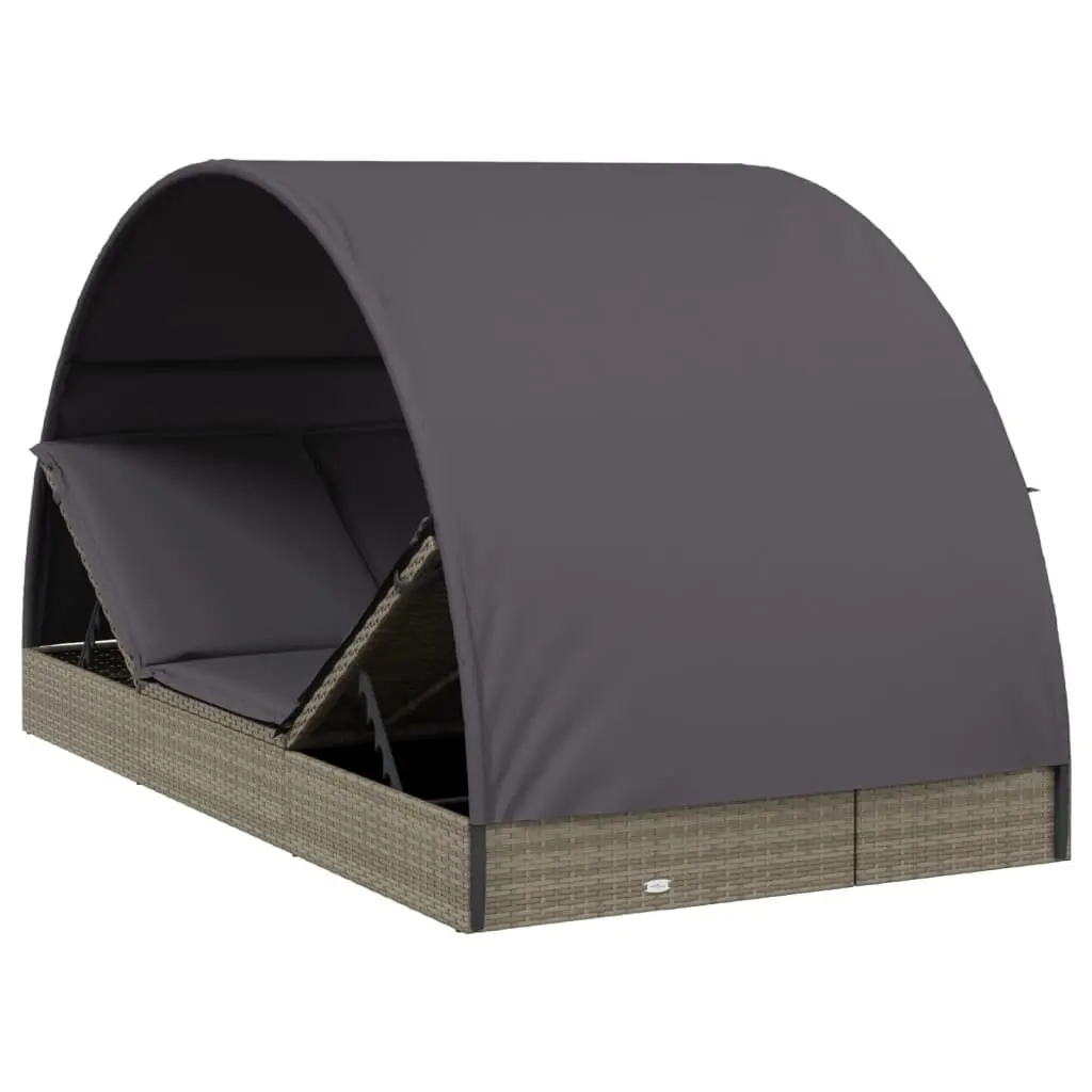 2-Person Sun Lounger Daybed with Round Roof Grey Outdoor Seating Rattan 211 x 112 x 140 cm