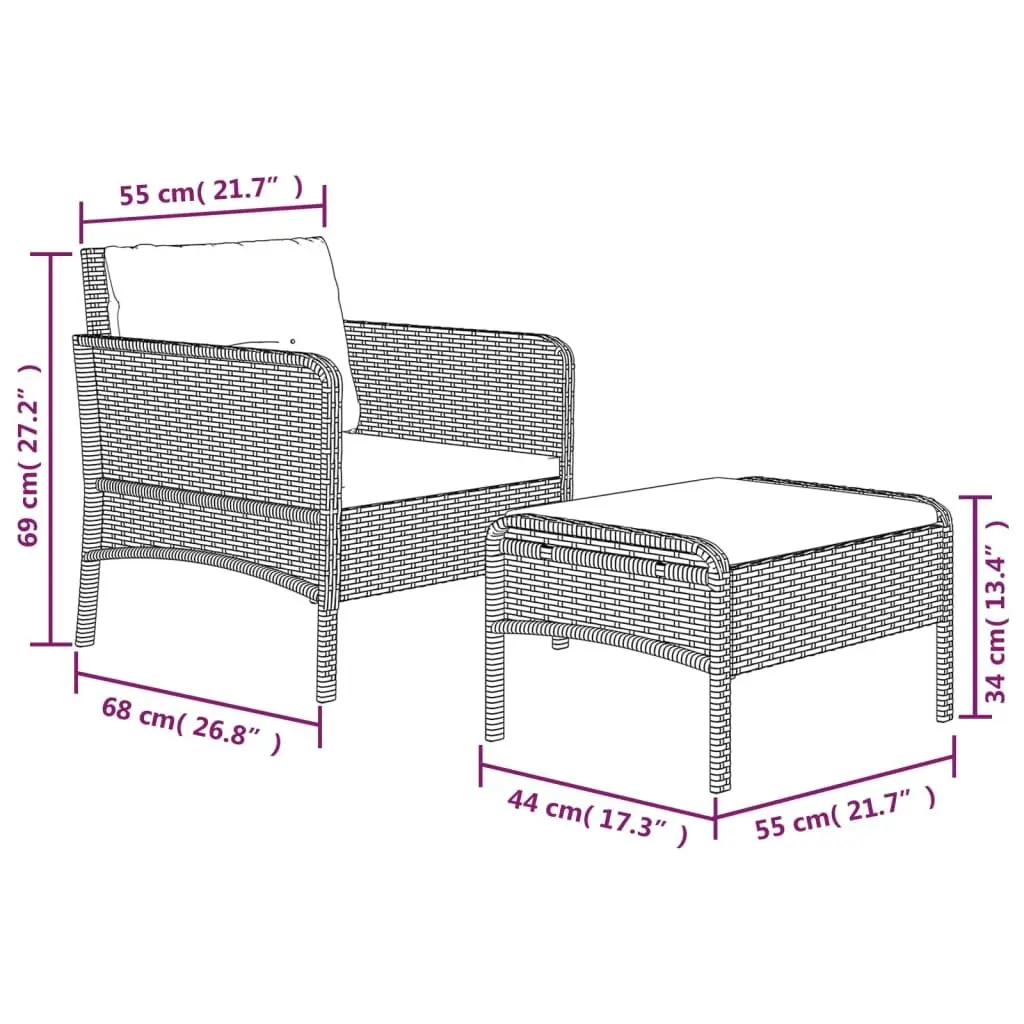 Garden Lounge Set 2 Piece Outdoor Furniture Black Poly Rattan with Cushions