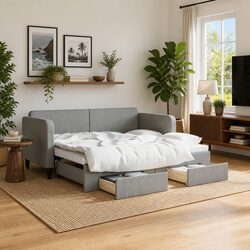 Friendly Grey Daybed with Trundle and Organizing Drawers