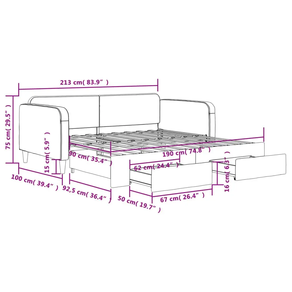 Daybed with Trundle and Storage Drawers Grey 90 x 190 cm