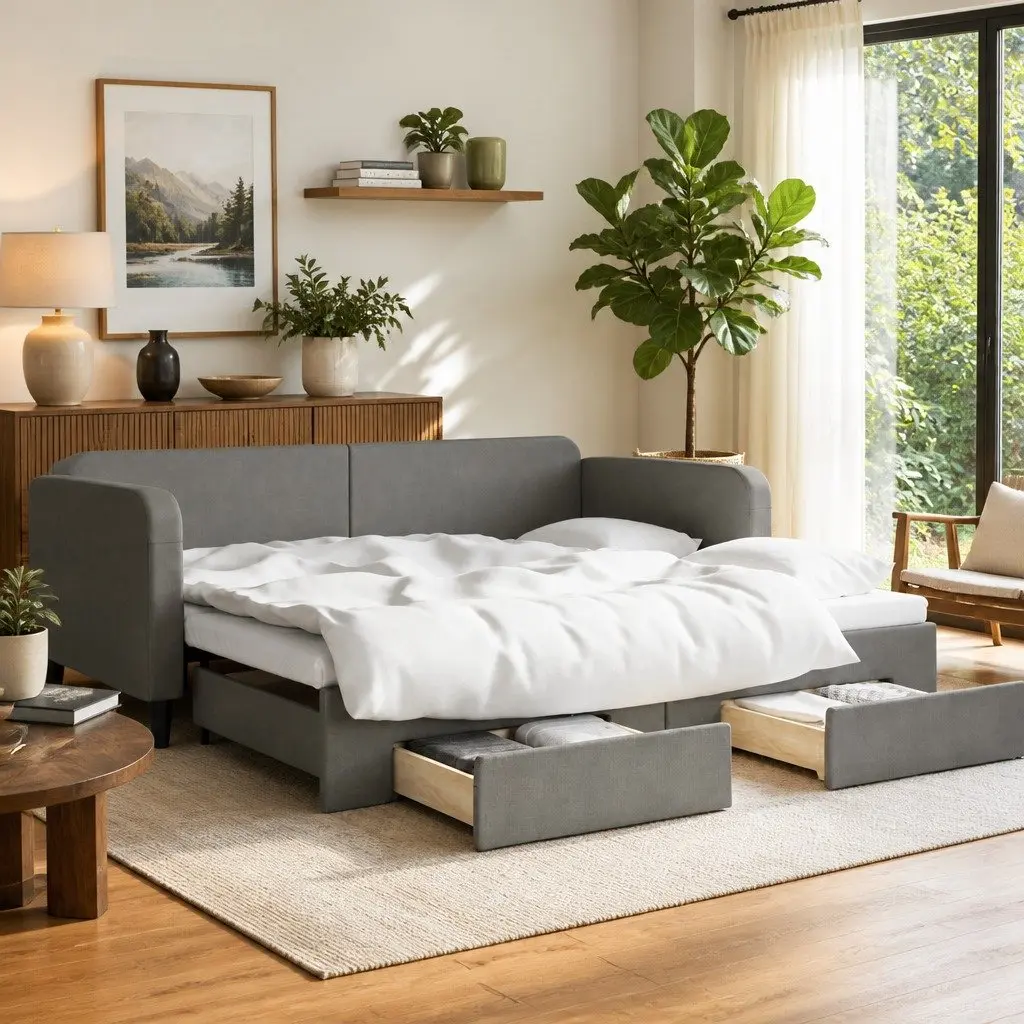 Daybed with Trundle and Storage Drawers Grey 90 x 190 cm Sofa Bed