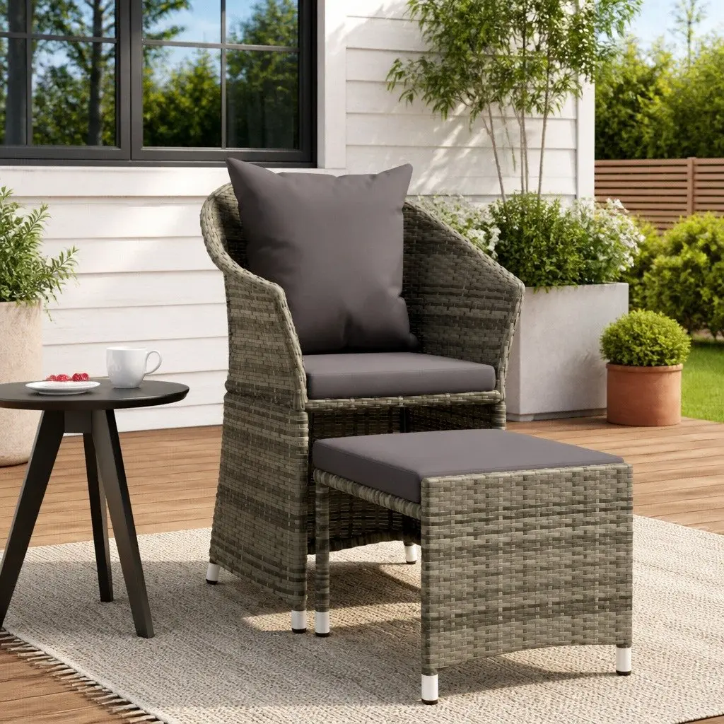 Grey Poly Rattan Outdoor Lounge Set 2 Piece with Cushions and Stool for Patio and Garden