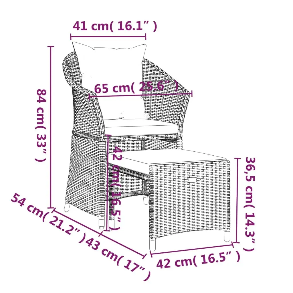 Grey Poly Rattan Outdoor Lounge Set 2 Piece with Cushions and Stool for Patio and Garden