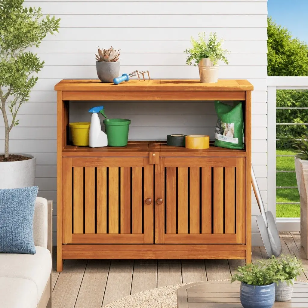 Garden Console Table Solid Acacia Wood 80x35x75cm Outdoor Storage Furniture