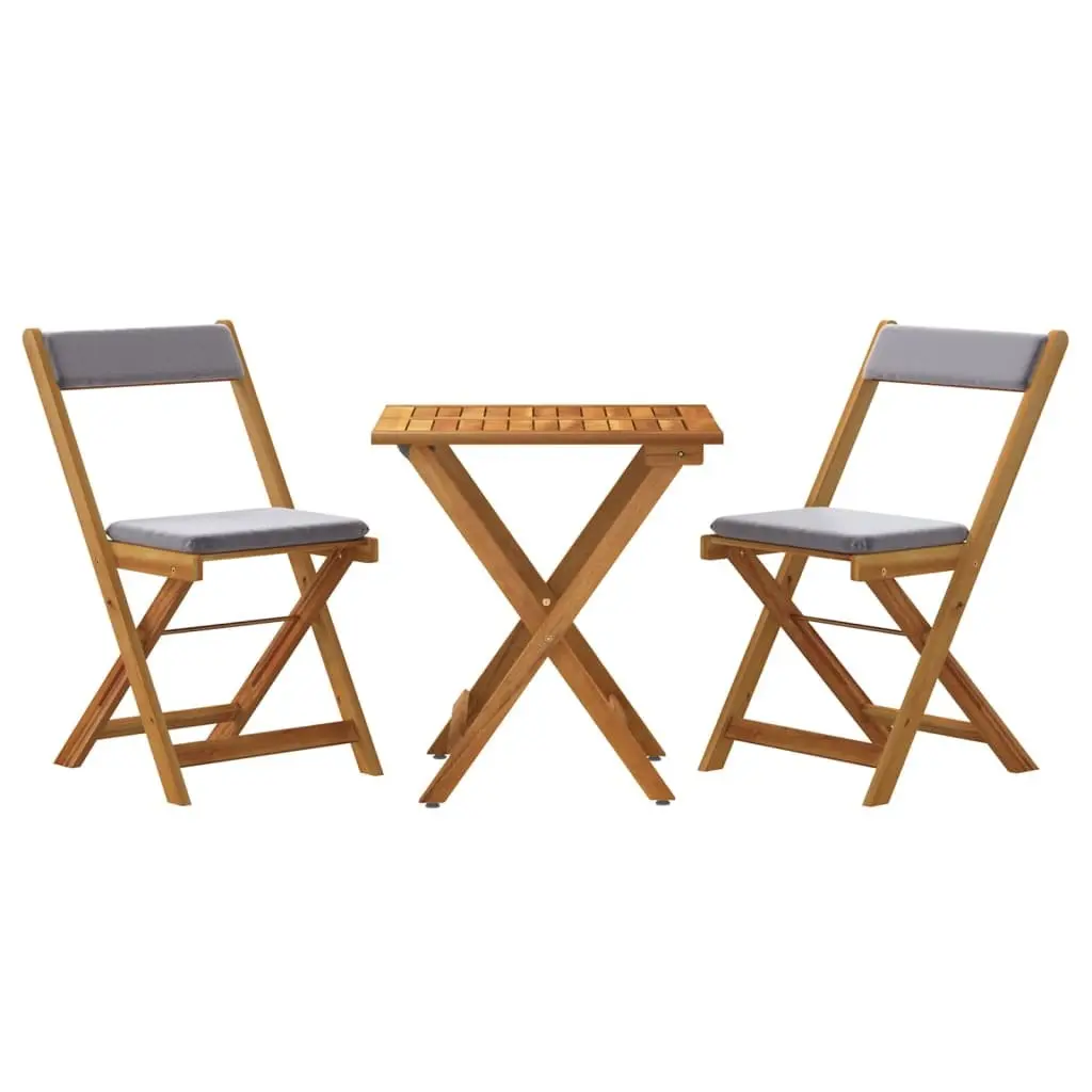3 Piece Folding Bistro Set Solid Acacia Wood with Cushions Outdoor Garden Dining Furniture