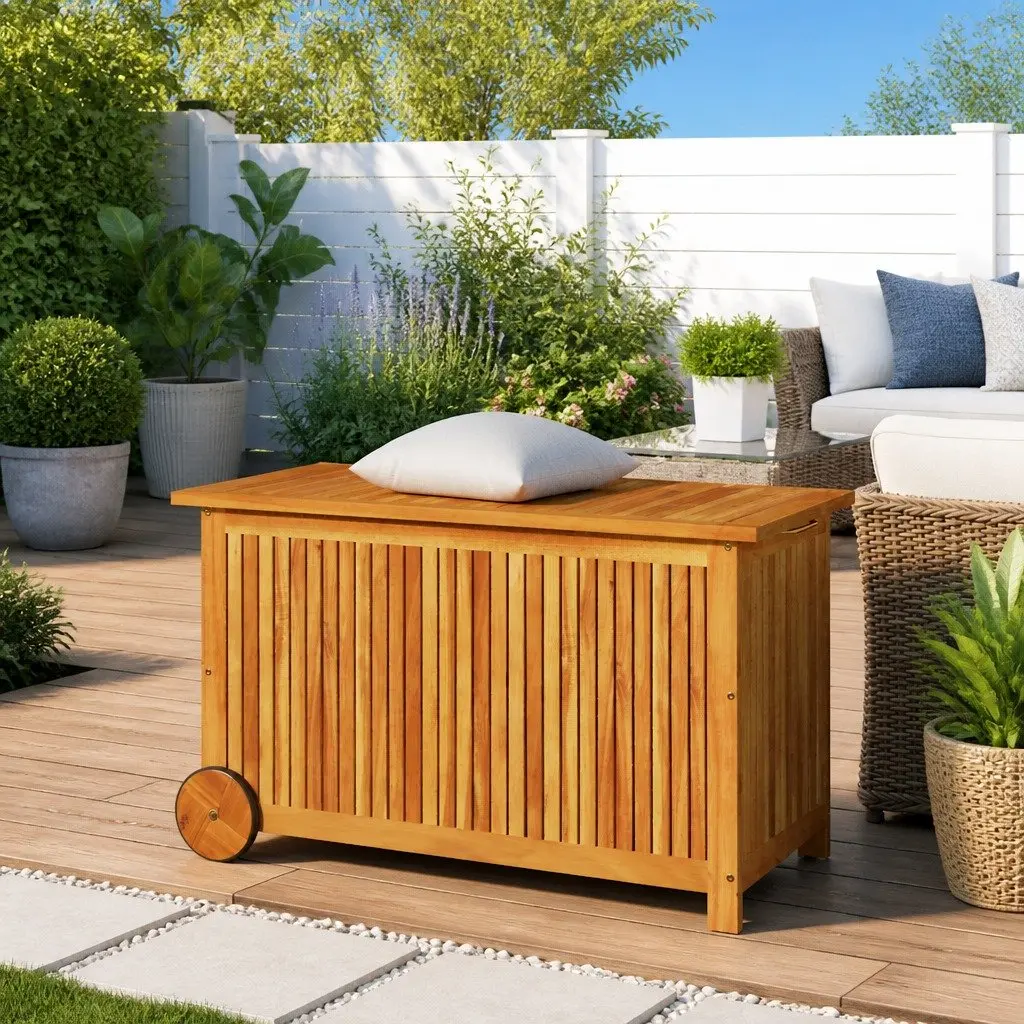 Garden Storage Box Wheels 90x50x58 cm Outdoor Wooden Furniture Deck Patio Acacia