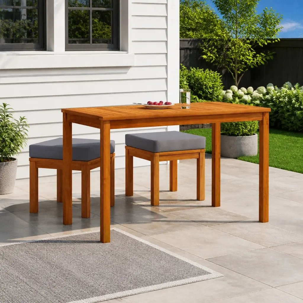 Outdoor Dining Set Acacia Wood Cushioned 3 Piece Grey