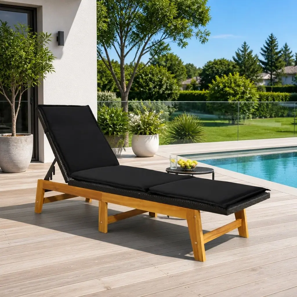 Sun Lounger Adjustable Backrest PE Rattan Solid Wood Acacia with Cushion