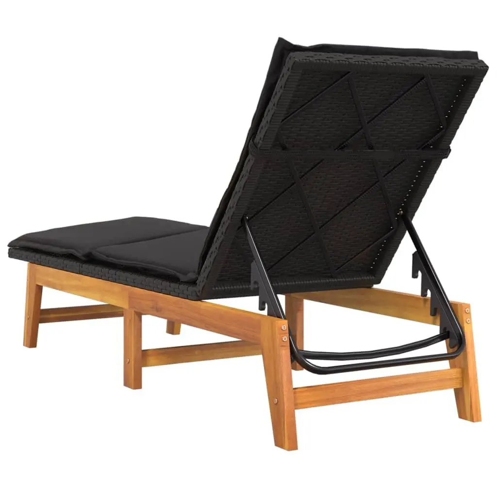 Sun Lounger Adjustable Backrest PE Rattan Solid Wood Acacia with Cushion
