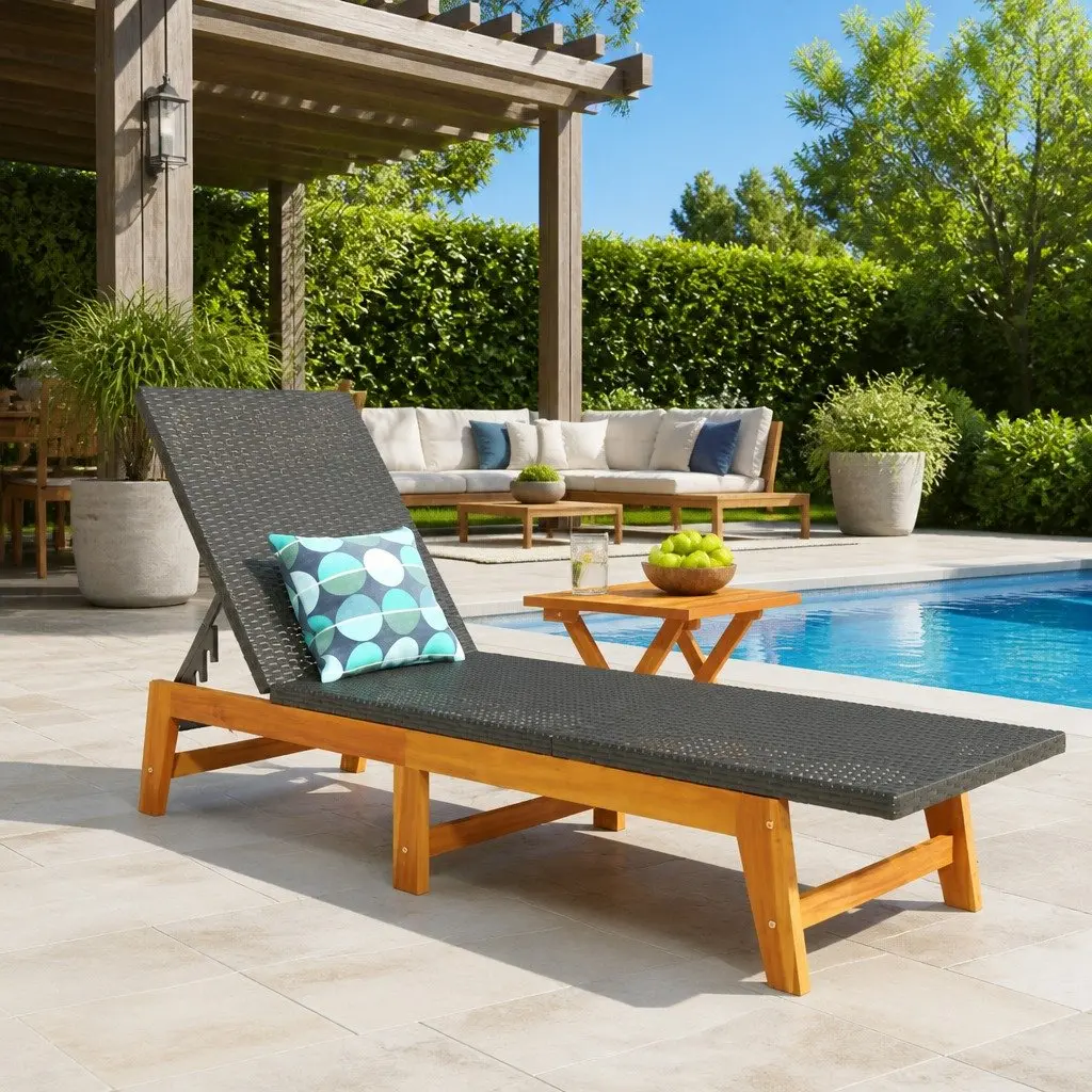 Sun Lounger with Integrated Side Table Adjustable Backrest Black