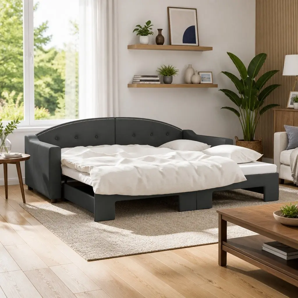 Convertible Daybed Grey 90x190cm Trundle Sofa Bed for Guest Sleeping