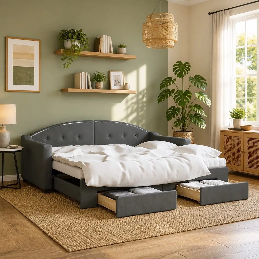 Daybed with Trundle and Storage Drawers Grey 90x190 cm