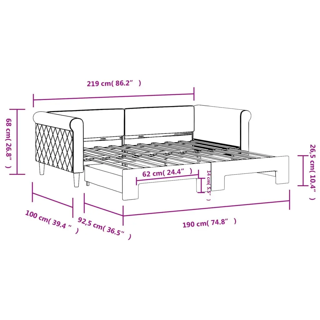 Daybed with Trundle Sofa Bed Grey 90x190cm Modern Design Wood Metal Frame