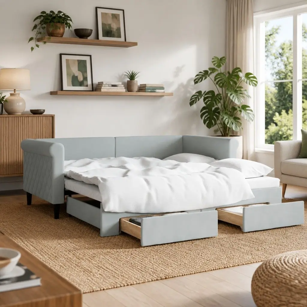 Daybed with Trundle and Storage Drawers Grey 90x190 cm Sofa Bed Frame