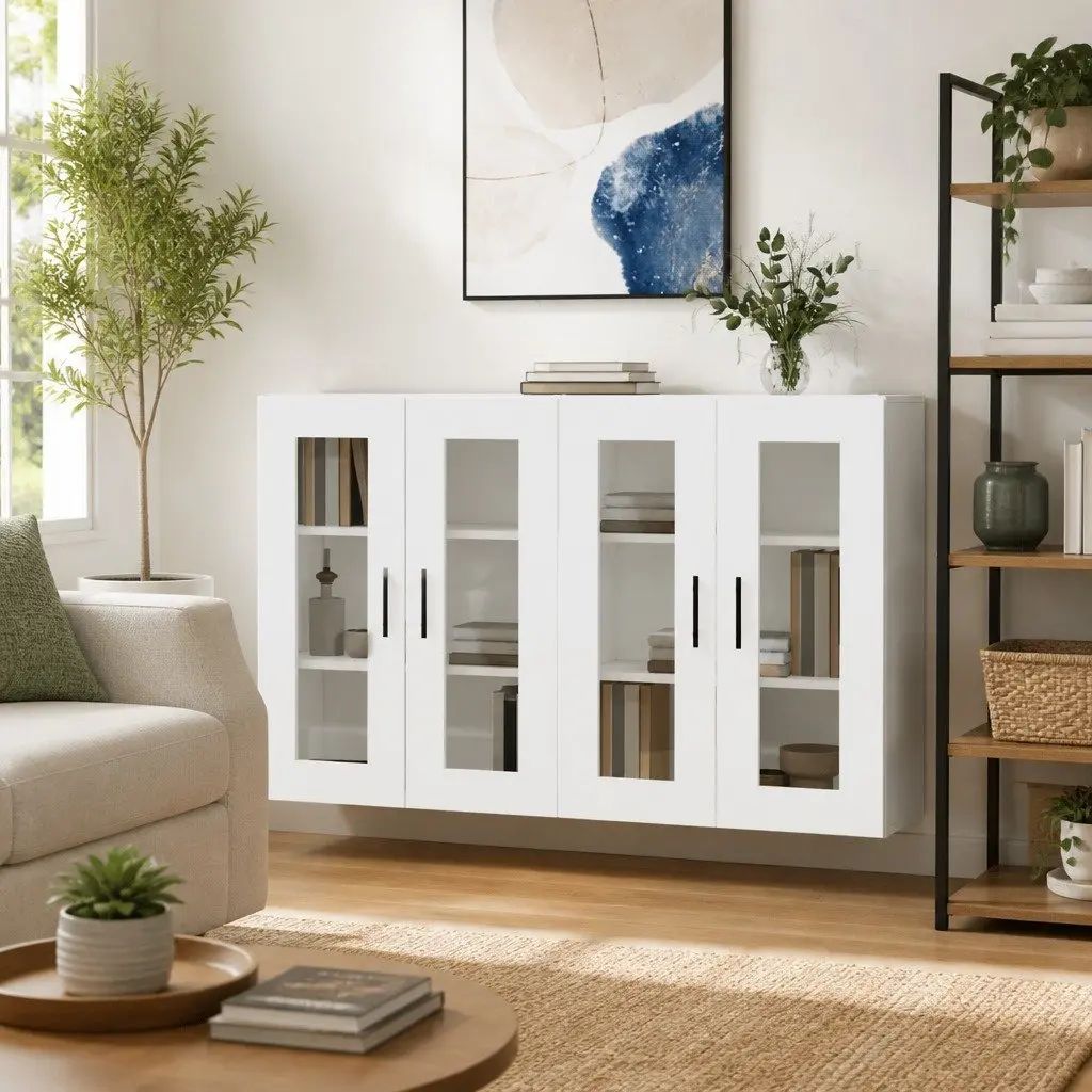 Wall Mounted Storage Cabinets White Glass Door 2 Piece