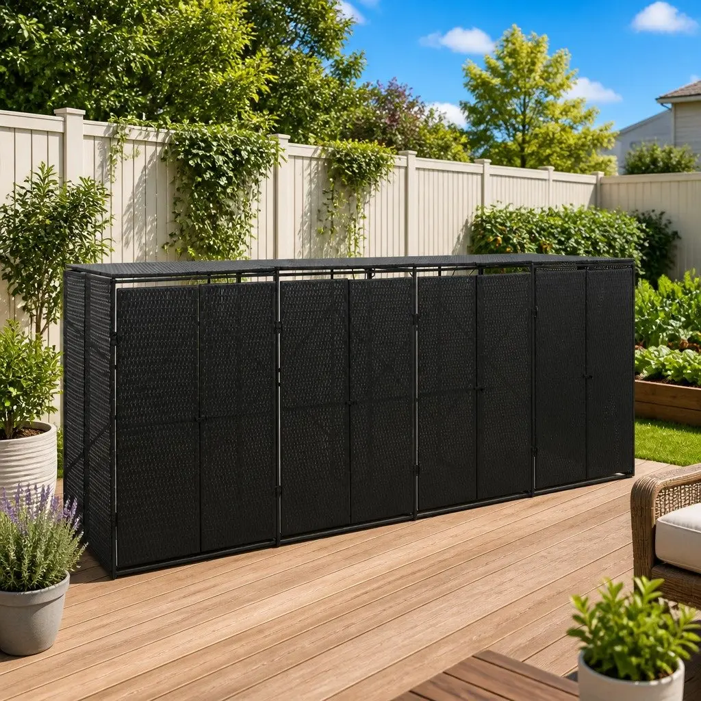 Quadruple Wheelie Bin Shed Black Outdoor Garden Waste Container Enclosure
