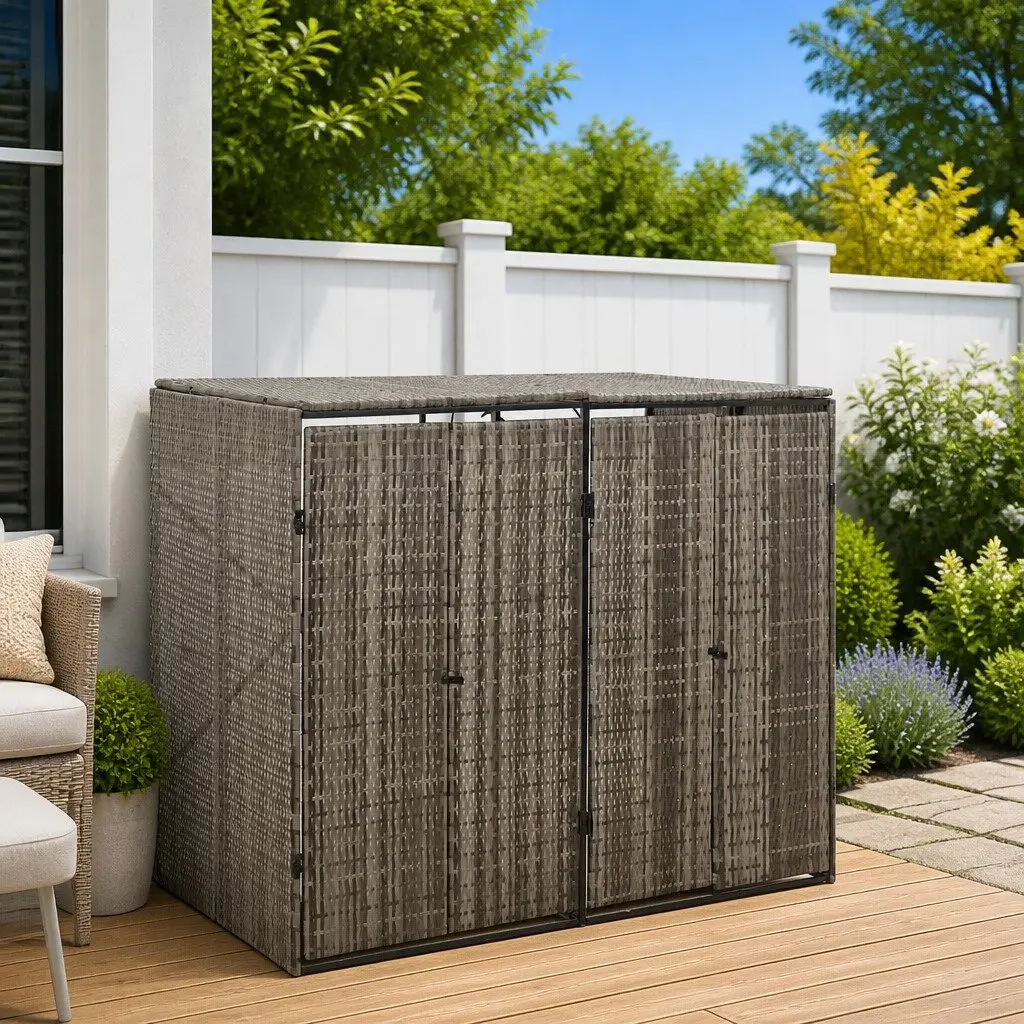 Double Wheelie Bin Shed Garden Waste Container Enclosure Grey Outdoor Storage