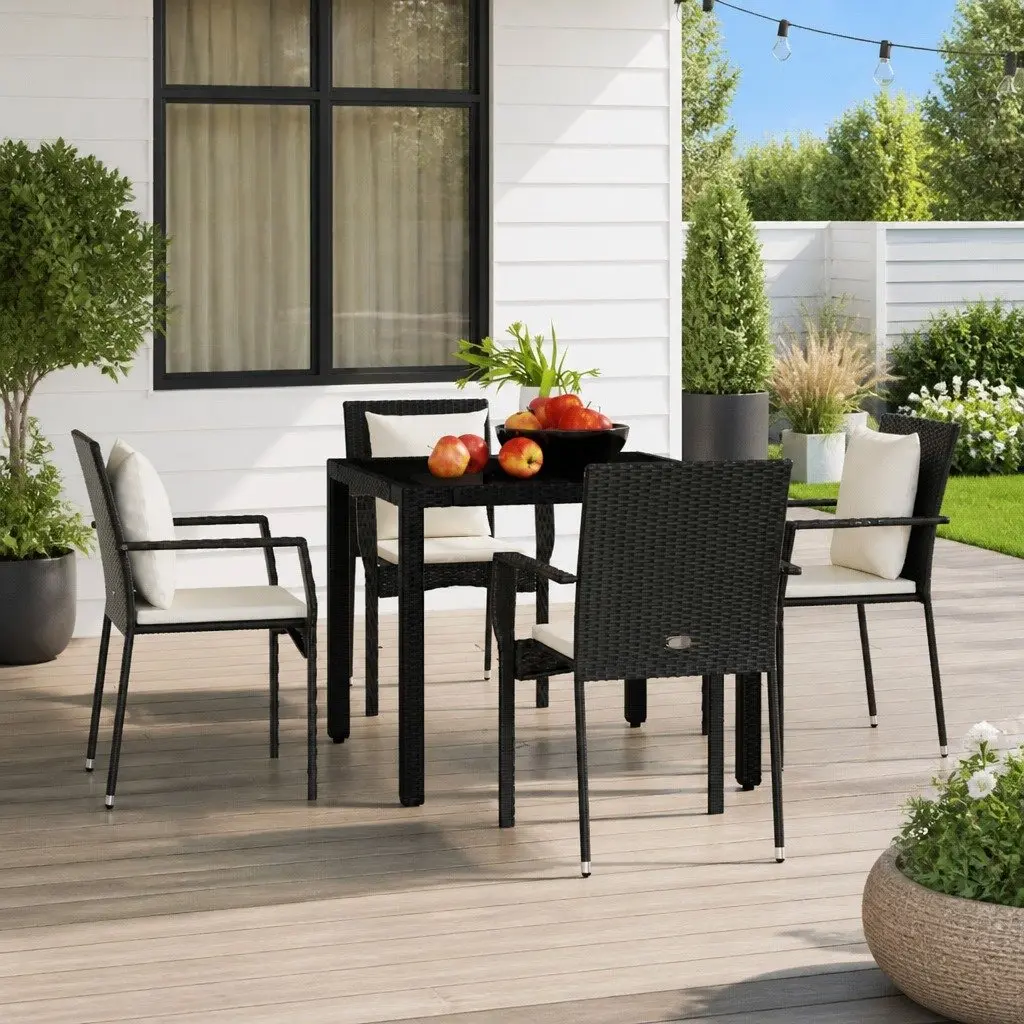 Outdoor Patio Chairs Set 4 Cushioned Black Poly Rattan Weather Resistant