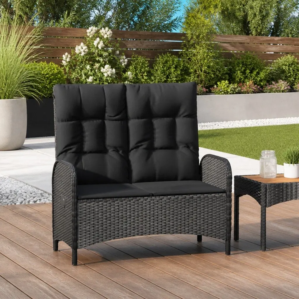 Reclining Garden Bench Adjustable Backrest 107cm Outdoor Seating Poly Rattan Cushions Black