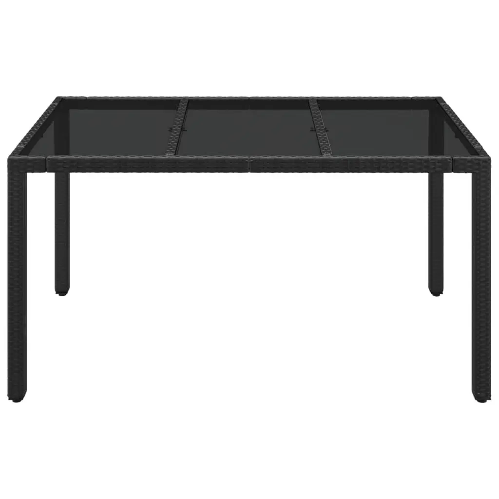 Garden Table Tempered Glass Top Black Poly Rattan 150 x 90 x 75 cm