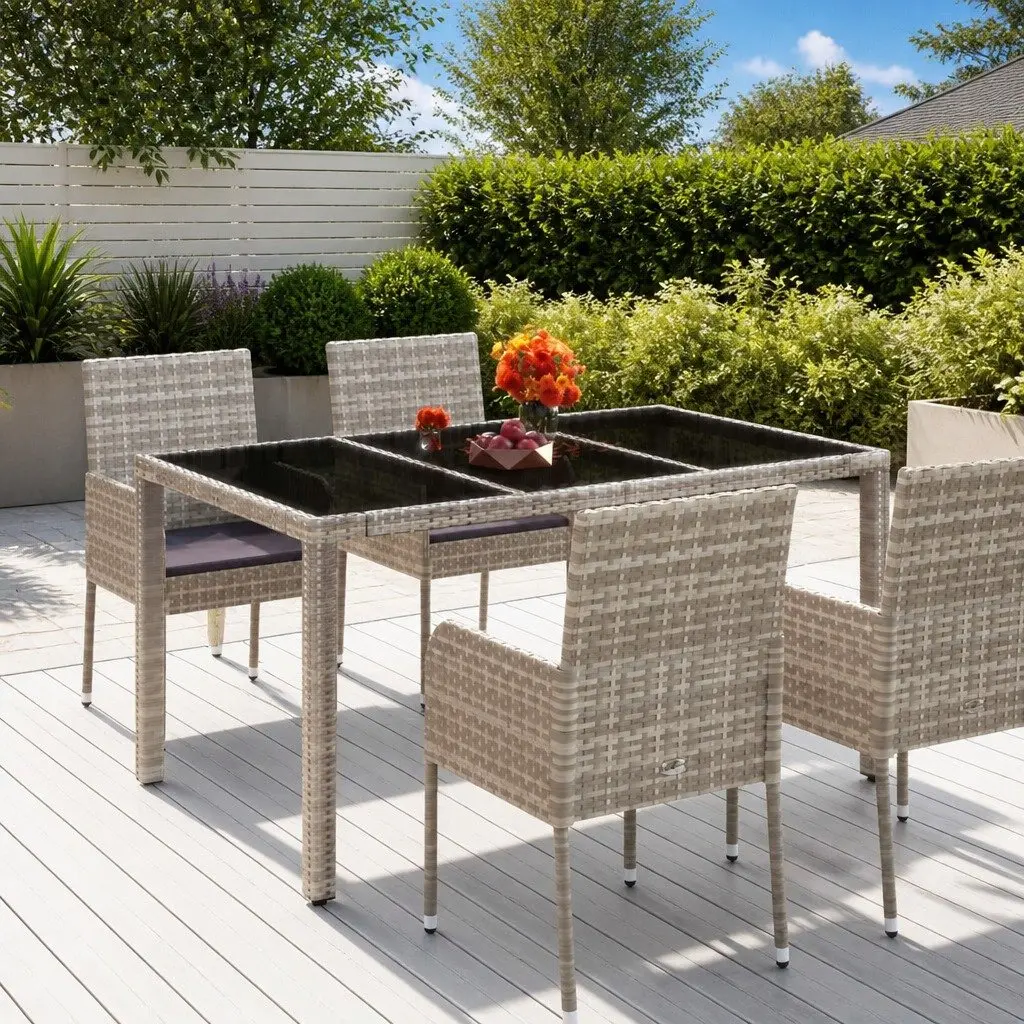 Outdoor Garden Table Glass Top Grey Poly Rattan Patio Furniture 150x90x75cm