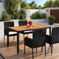Outdoor Garden Table Poly Rattan Black Wooden Top Patio Furniture 150x90x75cm