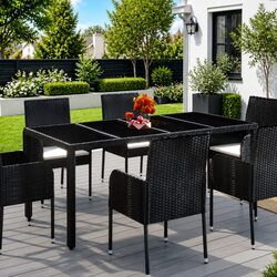 Outdoor Garden Table Glass Top Black Poly Rattan Patio Furniture Dining 190x90cm