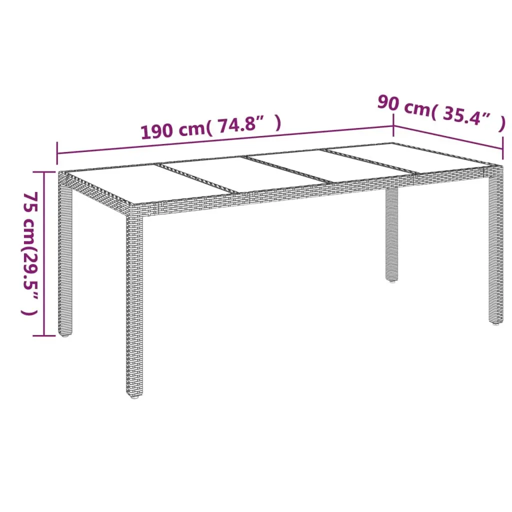 Outdoor Garden Table Black Poly Rattan Tempered Glass Top 190x90cm