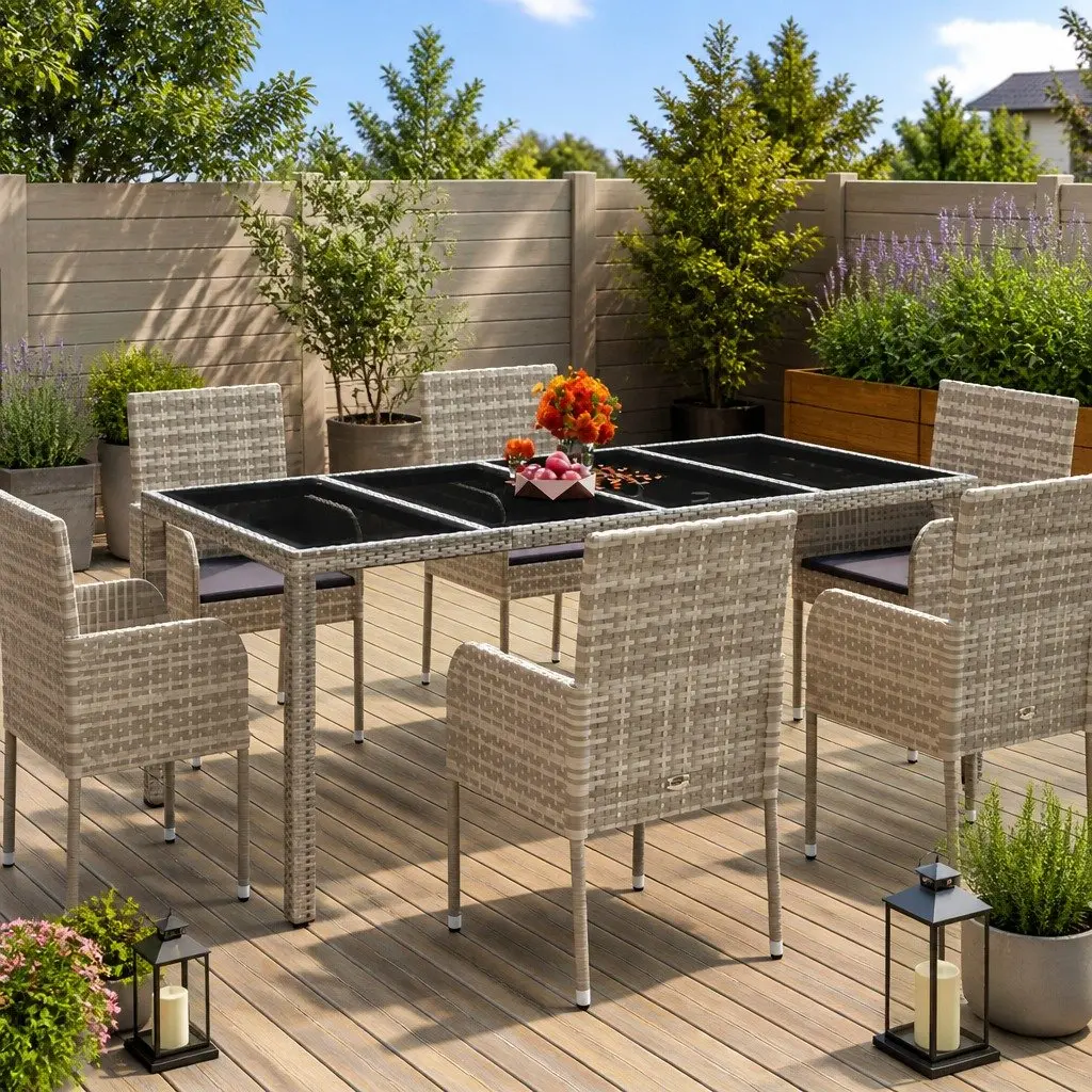 Garden Table Tempered Glass Top Poly Rattan Grey 190x90x75cm