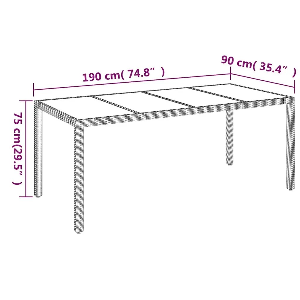 Garden Table Tempered Glass Top Poly Rattan Grey 190x90x75cm