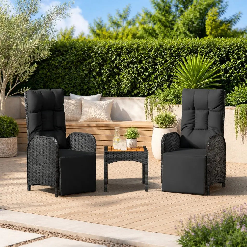Outdoor Reclining Chairs Set 2 Pieces Black Poly Rattan with Acacia Wood Table