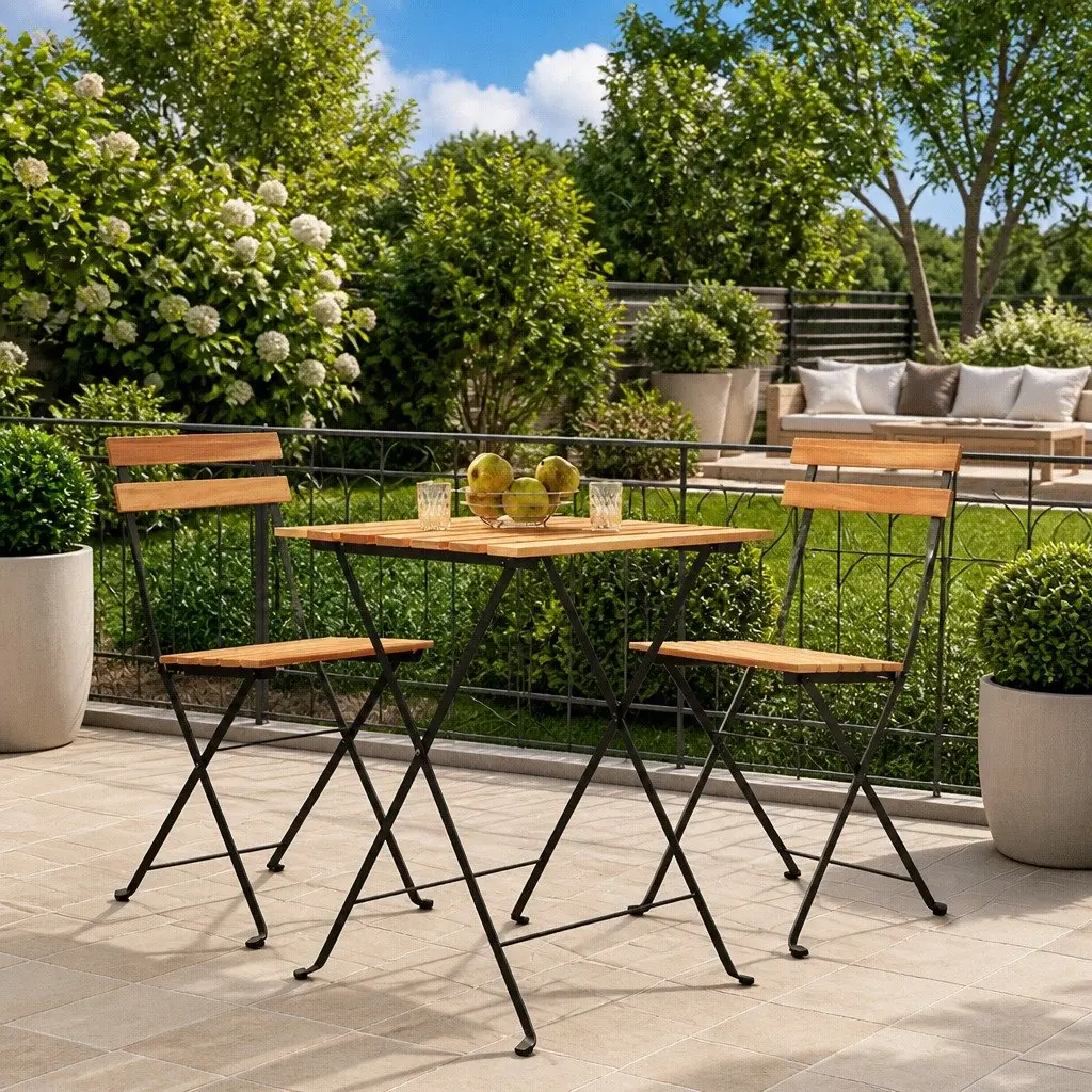 Folding Bistro Chairs Teak Wood Steel Set of 2 Outdoor Garden Patio