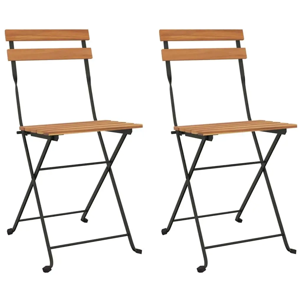 Folding Bistro Chairs Teak Wood Steel Set of 2 Outdoor Garden Patio