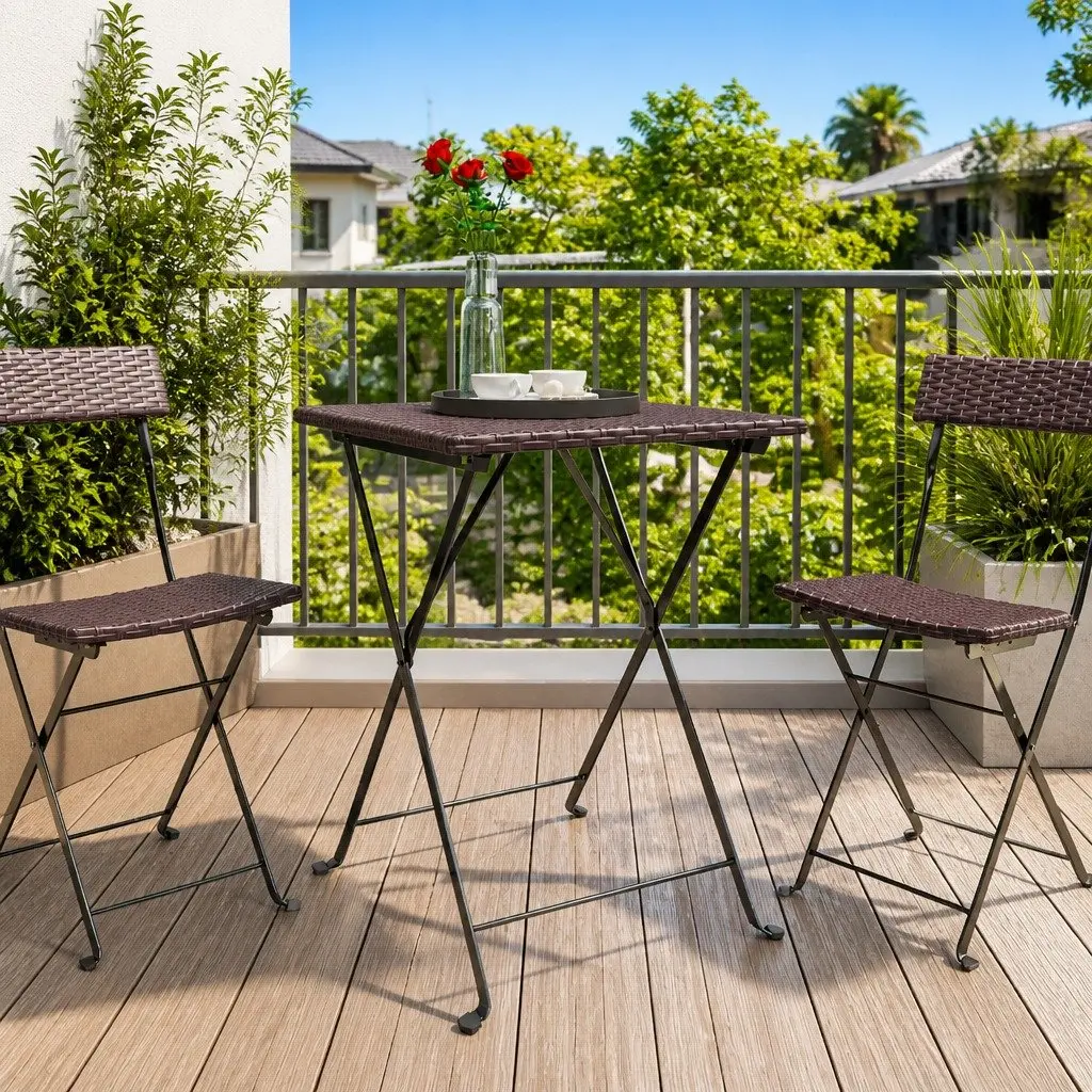 Folding Bistro Table Brown Outdoor Garden Patio Furniture Poly Rattan Steel 55 x 54 x 71 cm