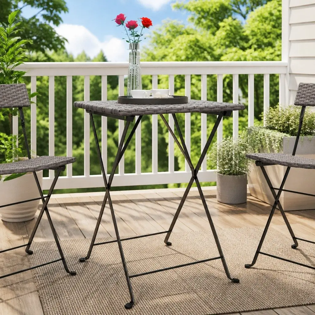 Folding Bistro Table Compact Grey Outdoor Furniture Poly Rattan Steel Frame 55x54x71cm