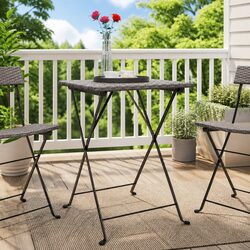 Folding Bistro Table Grey Outdoor Garden Patio Furniture Poly Rattan Steel Frame