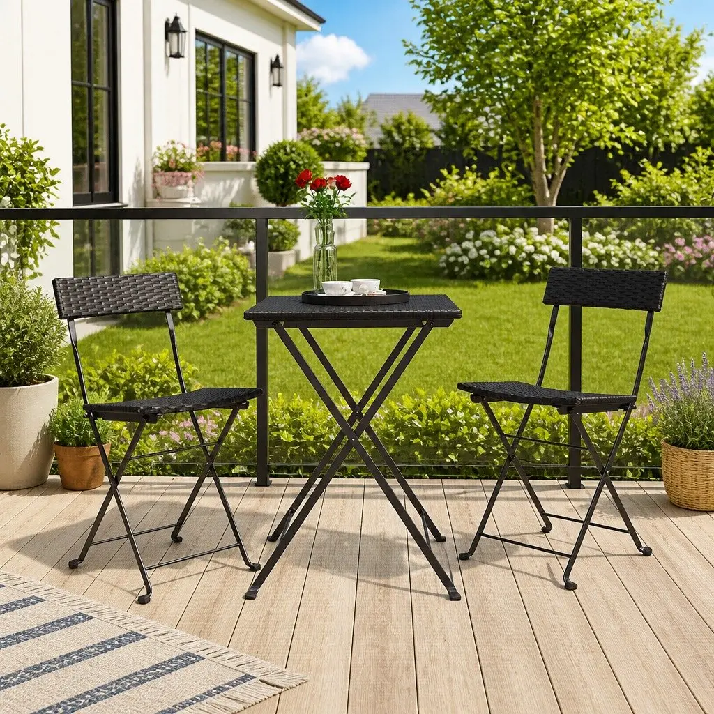 Outdoor Folding Bistro Chairs Weather Resistant Poly Rattan Steel Frame Black 2 Piece Set