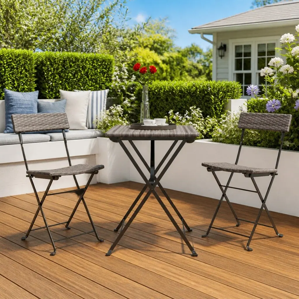 Folding Bistro Chairs Grey Outdoor Garden Seating 2 Piece Rattan Steel Frame