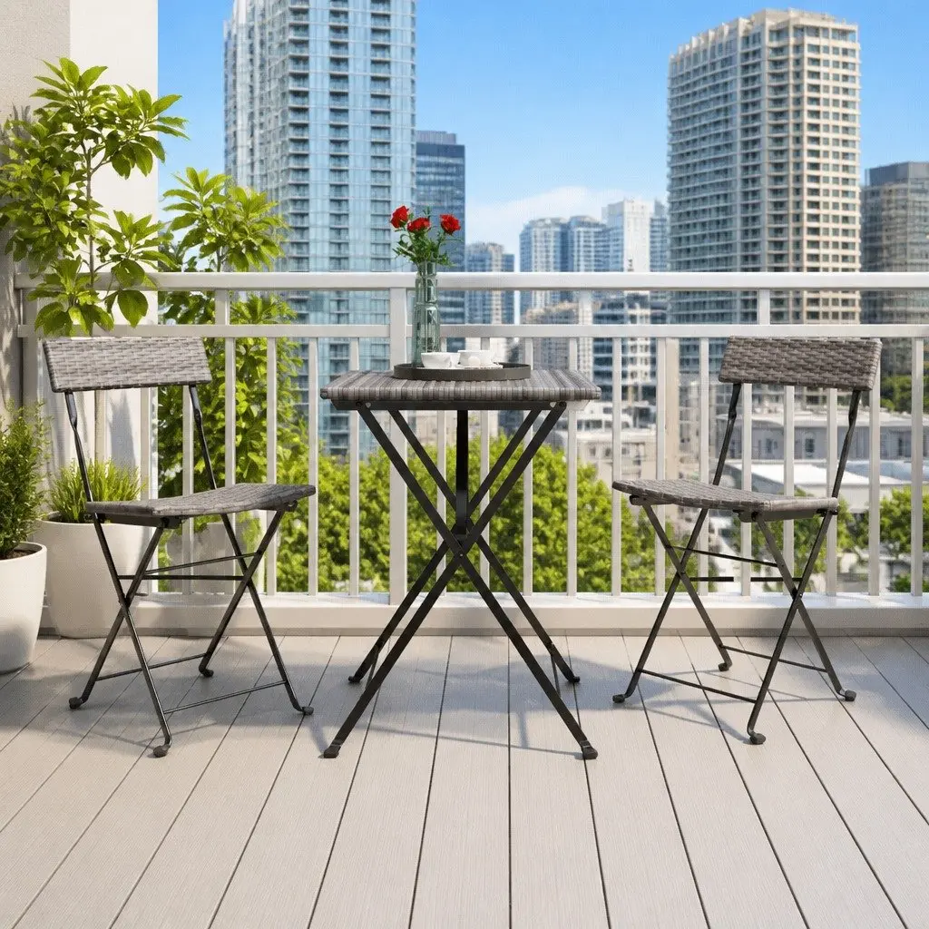 Folding Bistro Set Grey Poly Rattan 3 Piece Outdoor Garden Patio Dining Table