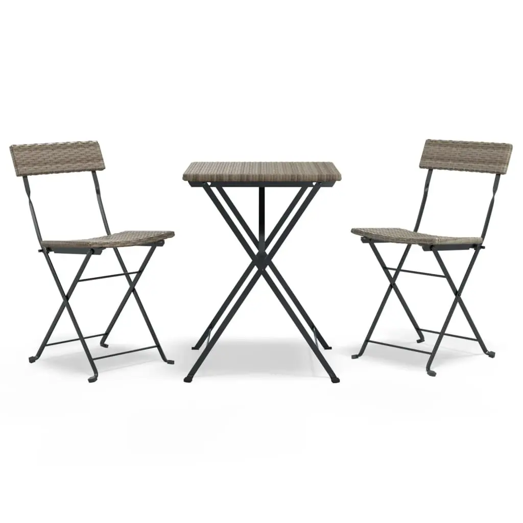 Folding Bistro Set Grey Poly Rattan 3 Piece Outdoor Garden Patio Dining Table