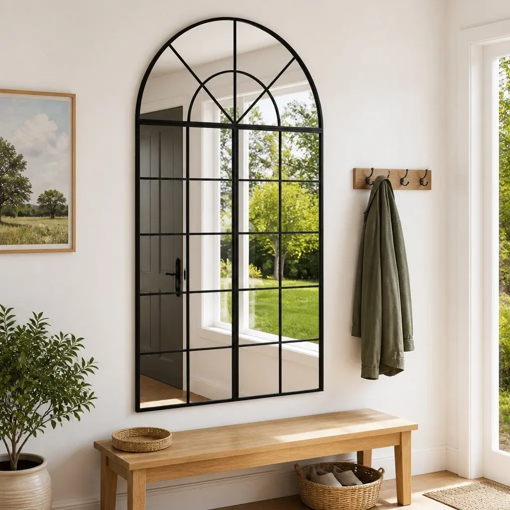 Arch Wall Mirror Black Iron Frame 80x140cm Glass Surface Minimalist Decor