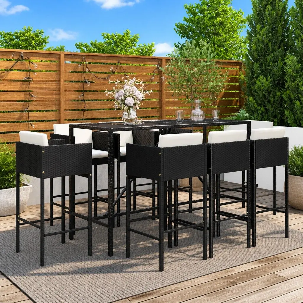 Patio Furniture Set 9 Piece Weather Resistant Black Rattan Garden Bar with Cushions and Tempered Glass Top