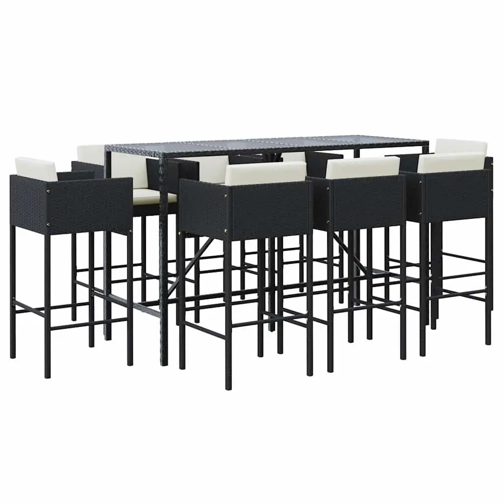 Patio Furniture Set 9 Piece Weather Resistant Black Rattan Garden Bar with Cushions and Tempered Glass Top
