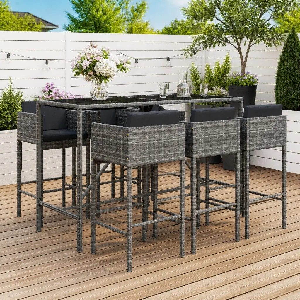 Garden Bar Set 7 Piece Grey Rattan Outdoor Patio Furniture with Cushions