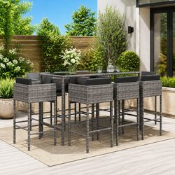 Garden Bar Set 9 Piece Outdoor Furniture Patio Dining Stools with Cushions Grey